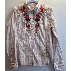 Johnny Was 3J Workshop Western‎ Shirt  Striped Beaded Floral Embroidered L